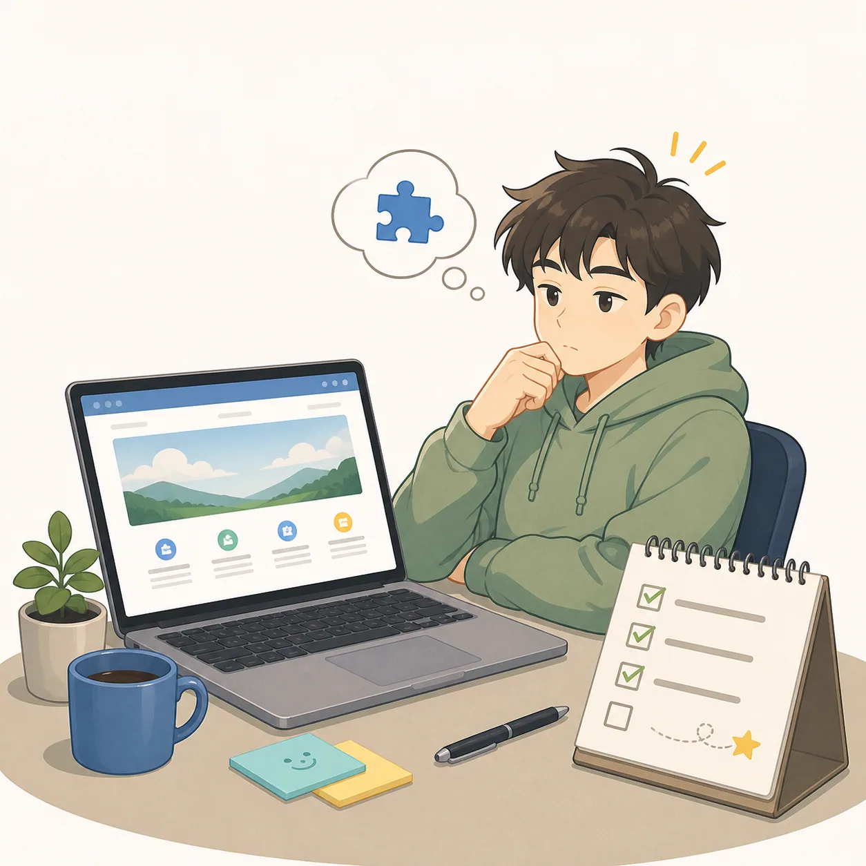 主页上线后看着未完成清单思考的开发者表情图